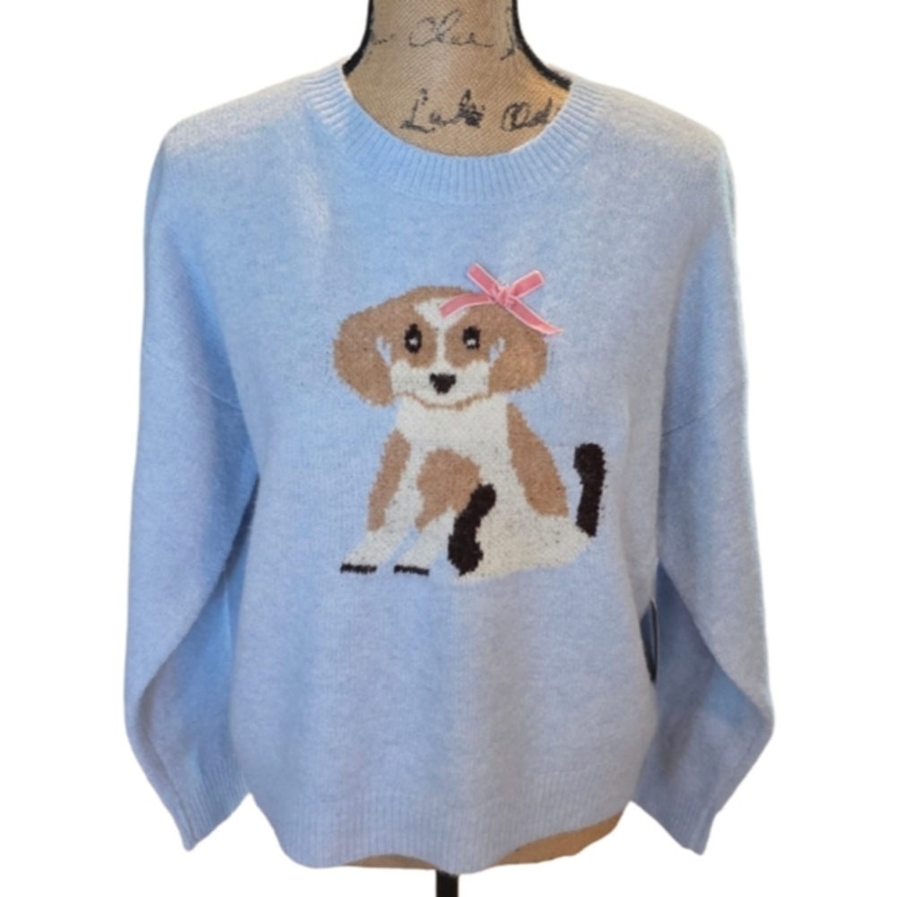 Luna Ivy Pastel Blue Beagle Cozy Soft Dog Puppy Bow Knit Sweater Women's Size M
